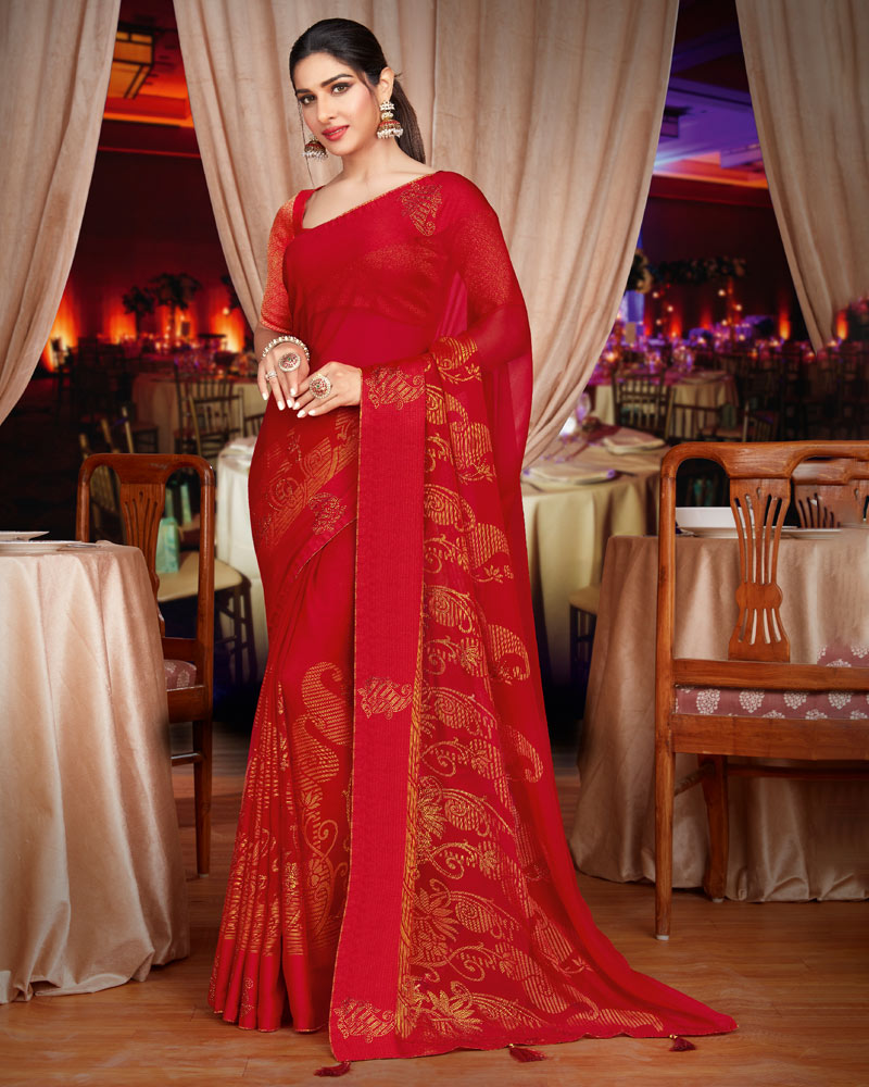 Vishal Prints Dark Red Brasso Saree With Diamond Work And Tassel