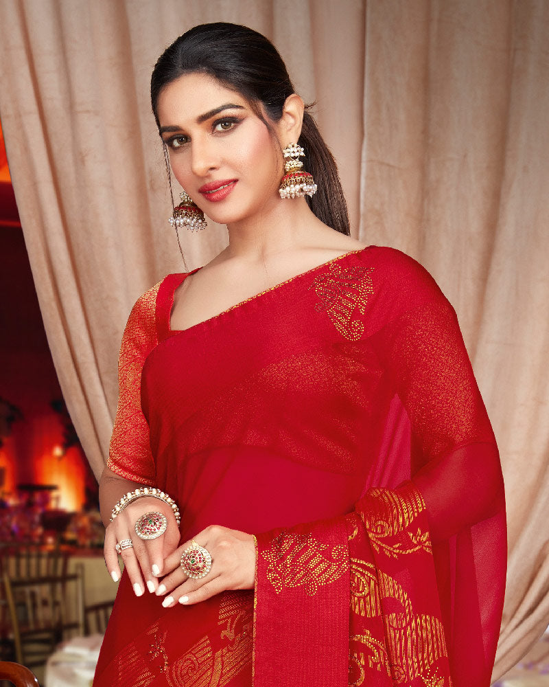 Vishal Prints Dark Red Brasso Saree With Diamond Work And Tassel