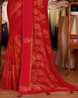 Vishal Prints Dark Red Brasso Saree With Diamond Work And Tassel
