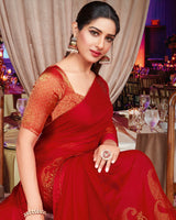 Vishal Prints Dark Red Brasso Saree With Diamond Work And Tassel