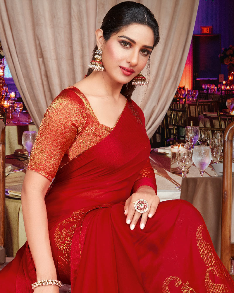 Vishal Prints Dark Red Brasso Saree With Diamond Work And Tassel