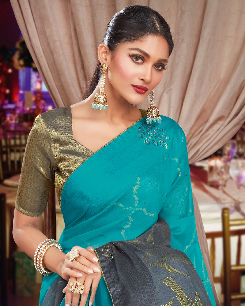 Vishal Prints Turquoise And Grey Brasso Saree With Diamond Work And Tassel