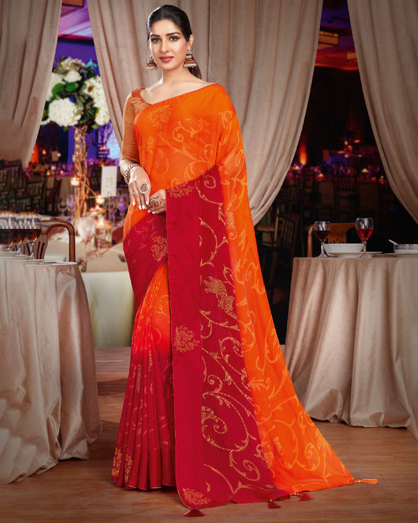 Vishal Prints Orange And Red Brasso Saree With Diamond Work And Tassel