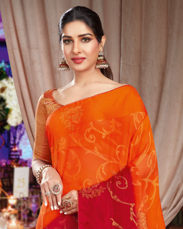 Vishal Prints Orange And Red Brasso Saree With Diamond Work And Tassel