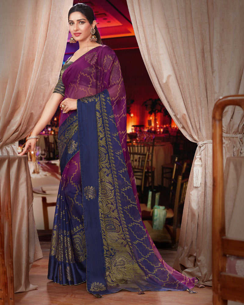 Vishal Prints Purple And Blue Brasso Saree With Diamond Work And Tassel