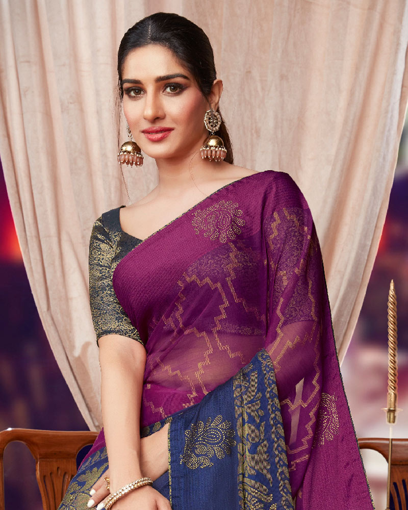 Vishal Prints Purple And Blue Brasso Saree With Diamond Work And Tassel