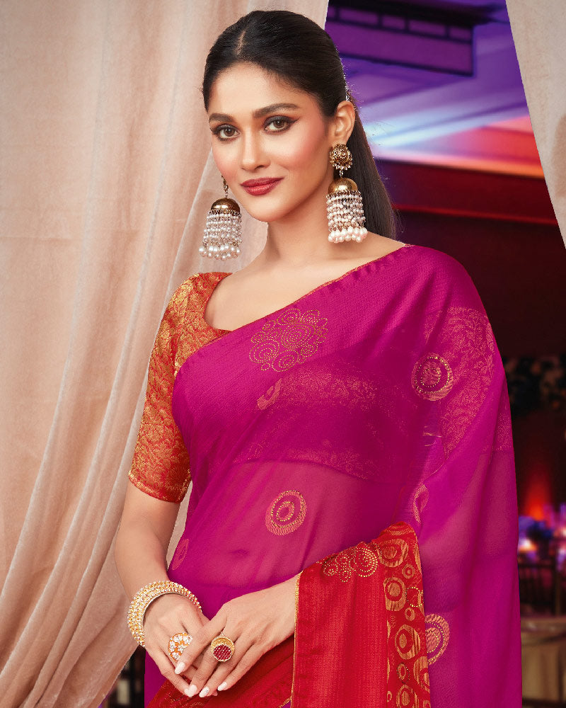 Vishal Prints Violet And Red Brasso Saree With Diamond Work And Tassel