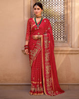 Vishal Prints Venetian Red Designer Chiffon-Viscose Saree With Embroidery-Diamond Work And Cut Work Border