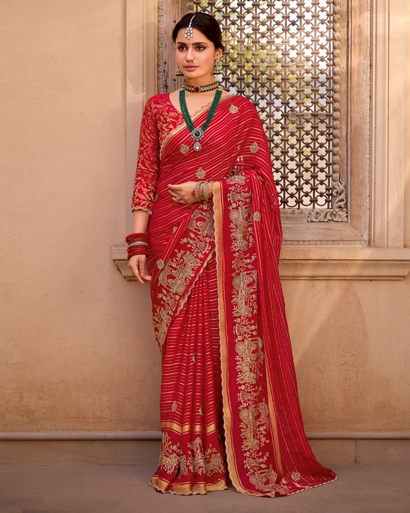 Vishal Prints Venetian Red Designer Chiffon-Viscose Saree With Embroidery-Diamond Work And Cut Work Border