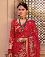 Vishal Prints Venetian Red Designer Chiffon-Viscose Saree With Embroidery-Diamond Work And Cut Work Border