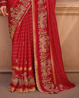 Vishal Prints Venetian Red Designer Chiffon-Viscose Saree With Embroidery-Diamond Work And Cut Work Border