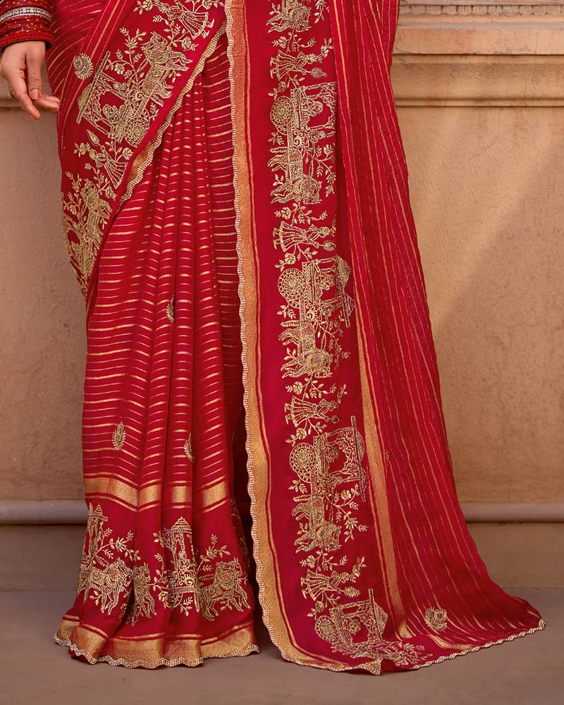 Vishal Prints Venetian Red Designer Chiffon-Viscose Saree With Embroidery-Diamond Work And Cut Work Border