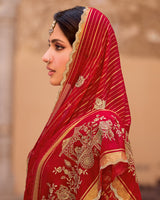 Vishal Prints Venetian Red Designer Chiffon-Viscose Saree With Embroidery-Diamond Work And Cut Work Border