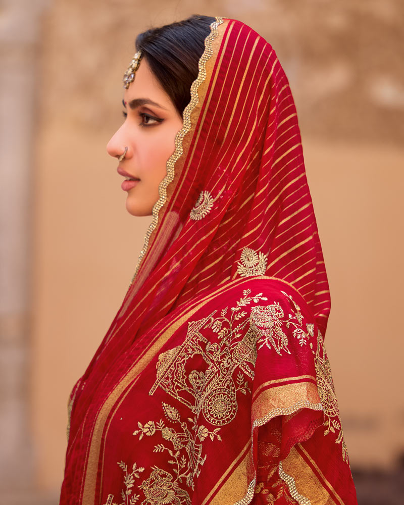 Vishal Prints Venetian Red Designer Chiffon-Viscose Saree With Embroidery-Diamond Work And Cut Work Border