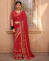 Vishal Prints Venetian Red Designer Chiffon-Viscose Saree With Embroidery-Diamond Work And Cut Work Border