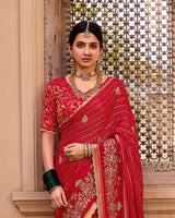 Vishal Prints Venetian Red Designer Chiffon-Viscose Saree With Embroidery-Diamond Work And Cut Work Border