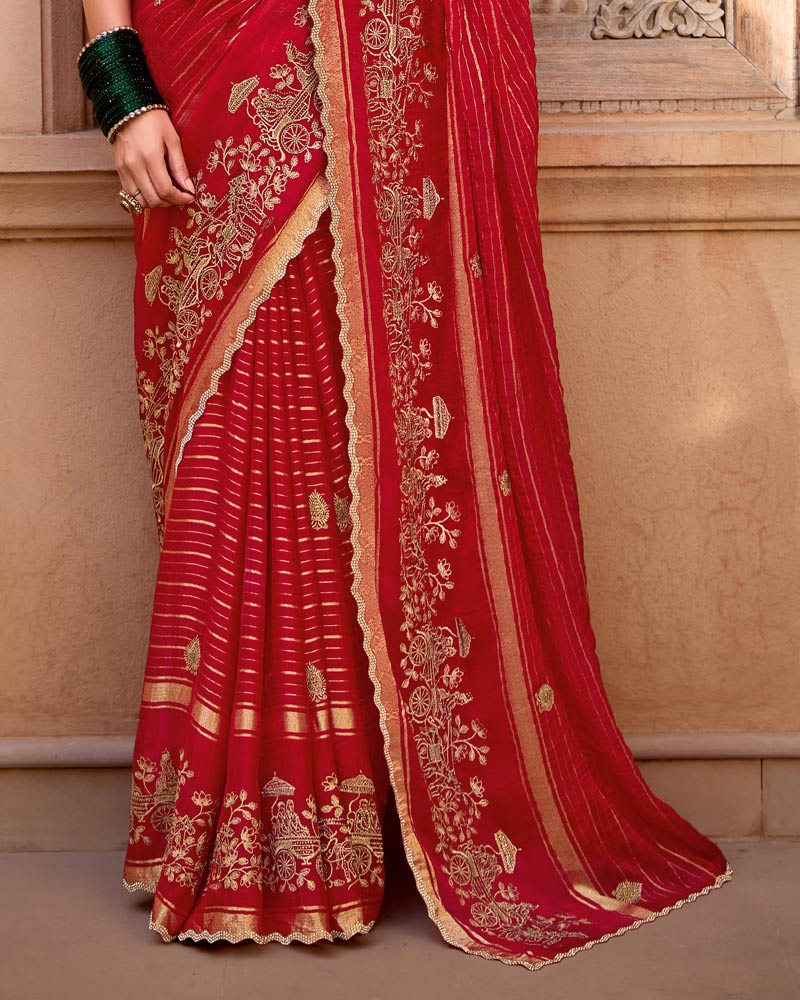 Vishal Prints Venetian Red Designer Chiffon-Viscose Saree With Embroidery-Diamond Work And Cut Work Border