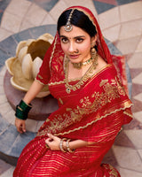Vishal Prints Venetian Red Designer Chiffon-Viscose Saree With Embroidery-Diamond Work And Cut Work Border