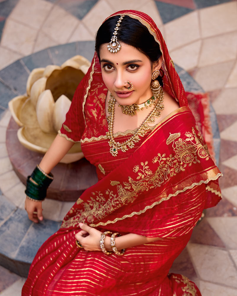 Vishal Prints Venetian Red Designer Chiffon-Viscose Saree With Embroidery-Diamond Work And Cut Work Border