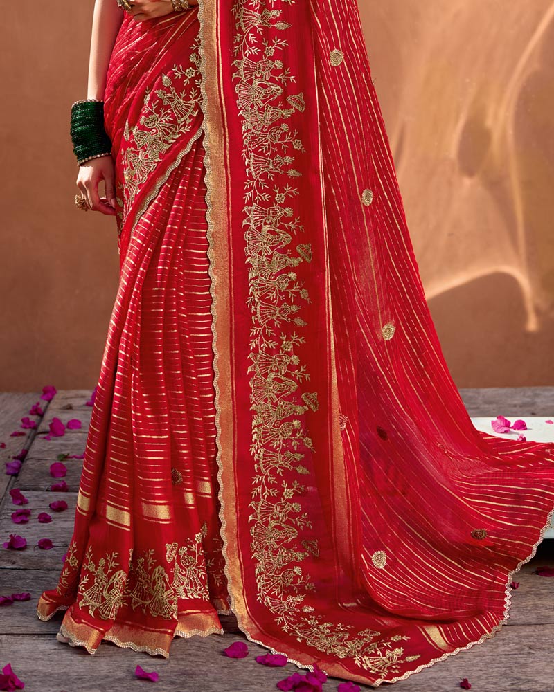 Vishal Prints Venetian Red Designer Chiffon-Viscose Saree With Embroidery-Diamond Work And Cut Work Border