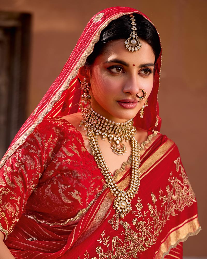 Vishal Prints Venetian Red Designer Chiffon-Viscose Saree With Embroidery-Diamond Work And Cut Work Border