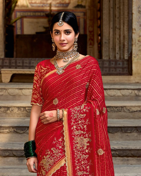 Vishal Prints Venetian Red Designer Chiffon-Viscose Saree With Embroidery-Diamond Work And Cut Work Border