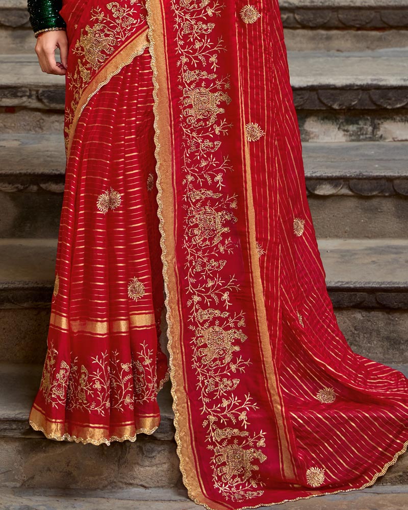 Vishal Prints Venetian Red Designer Chiffon-Viscose Saree With Embroidery-Diamond Work And Cut Work Border