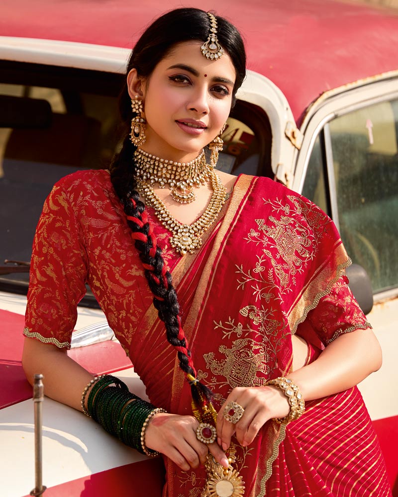 Vishal Prints Venetian Red Designer Chiffon-Viscose Saree With Embroidery-Diamond Work And Cut Work Border