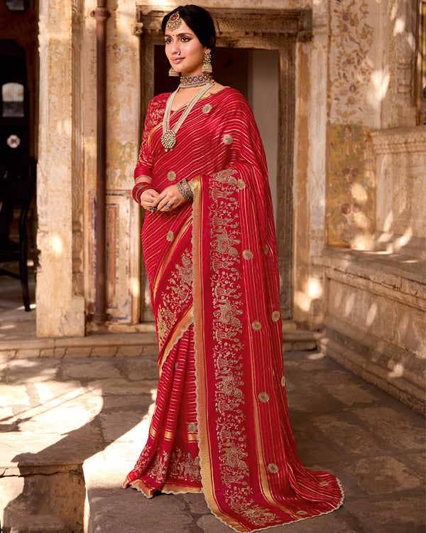 Vishal Prints Venetian Red Designer Chiffon-Viscose Saree With Embroidery-Diamond Work And Cut Work Border