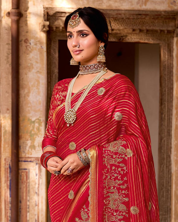 Vishal Prints Venetian Red Designer Chiffon-Viscose Saree With Embroidery-Diamond Work And Cut Work Border