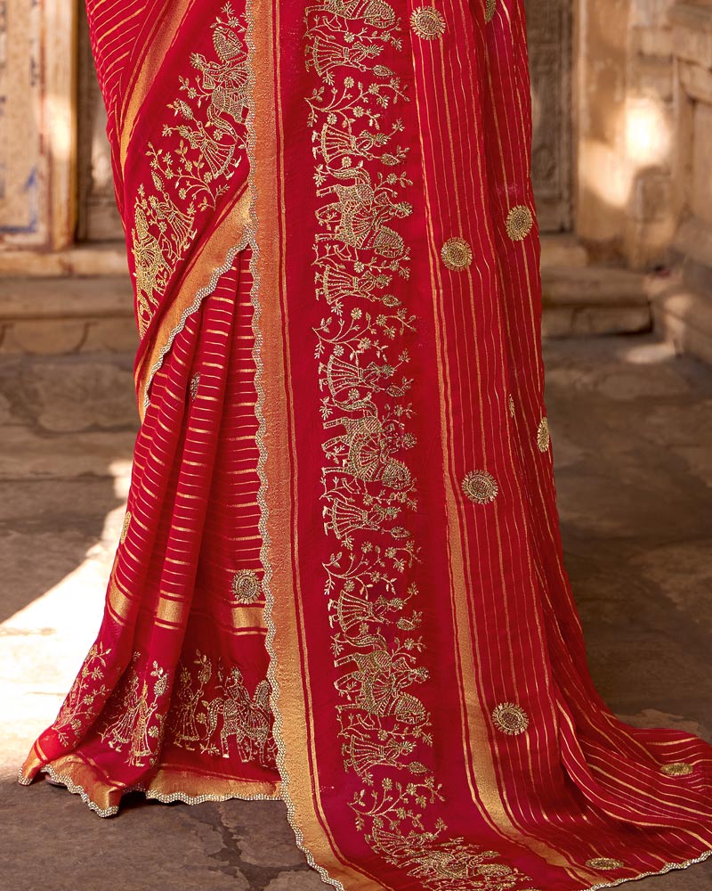 Vishal Prints Venetian Red Designer Chiffon-Viscose Saree With Embroidery-Diamond Work And Cut Work Border
