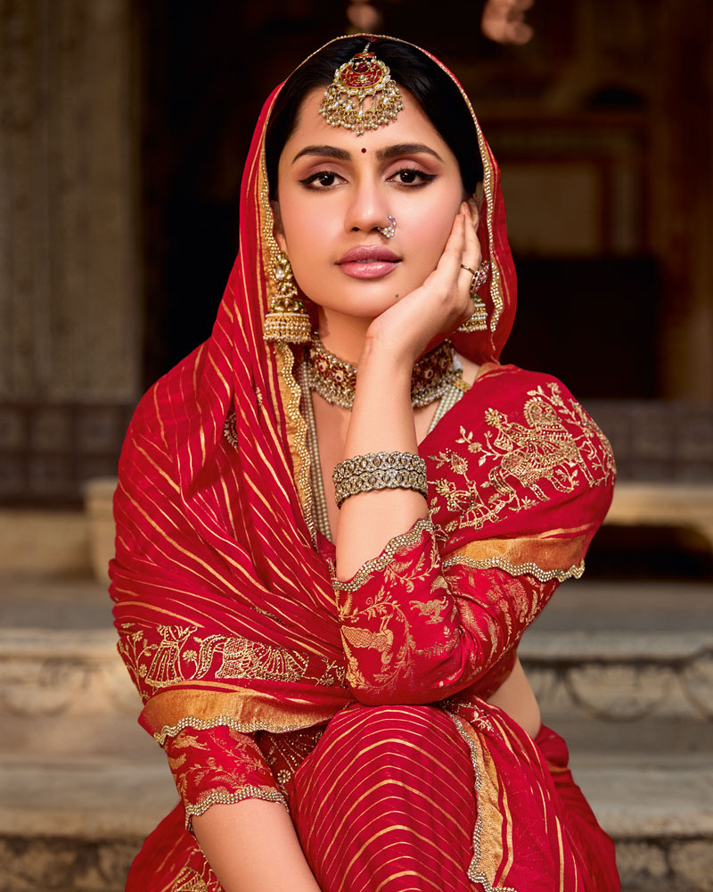 Vishal Prints Venetian Red Designer Chiffon-Viscose Saree With Embroidery-Diamond Work And Cut Work Border
