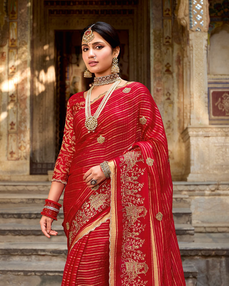 Vishal Prints Venetian Red Designer Chiffon-Viscose Saree With Embroidery-Diamond Work And Cut Work Border