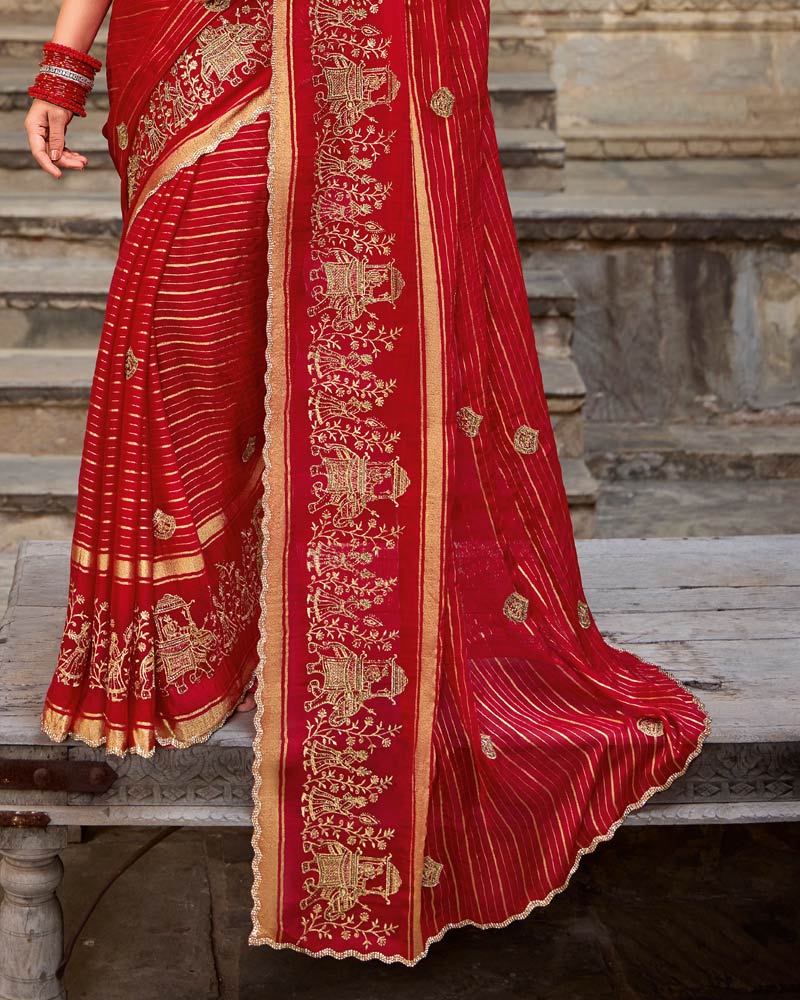 Vishal Prints Venetian Red Designer Chiffon-Viscose Saree With Embroidery-Diamond Work And Cut Work Border