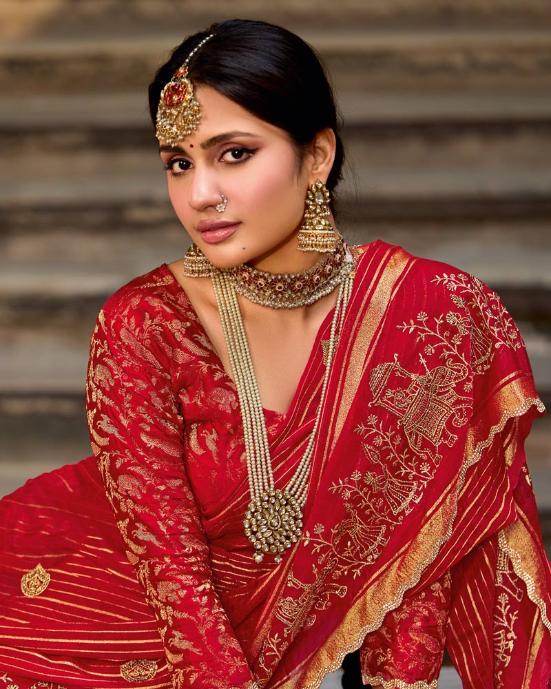 Vishal Prints Venetian Red Designer Chiffon-Viscose Saree With Embroidery-Diamond Work And Cut Work Border