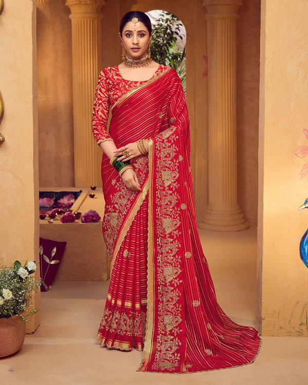 Vishal Prints Shiraz Red Designer Chiffon-Viscose Saree With Embroidery-Diamond Work And Cut Work Border