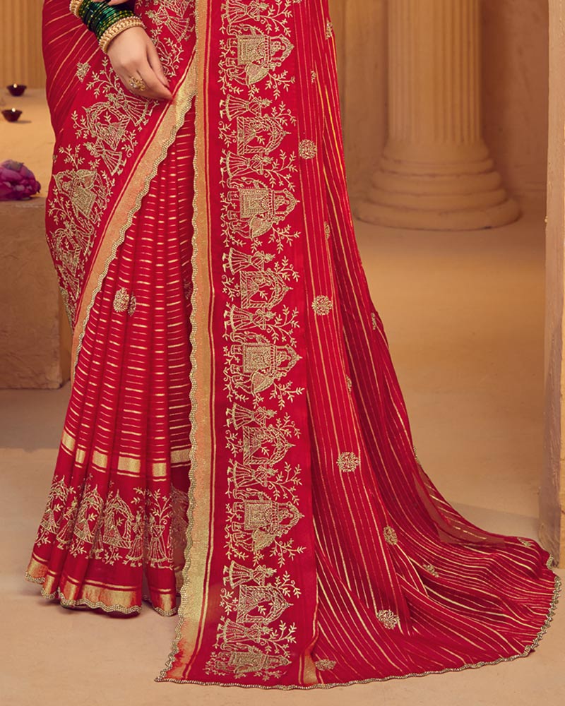 Vishal Prints Shiraz Red Designer Chiffon-Viscose Saree With Embroidery-Diamond Work And Cut Work Border