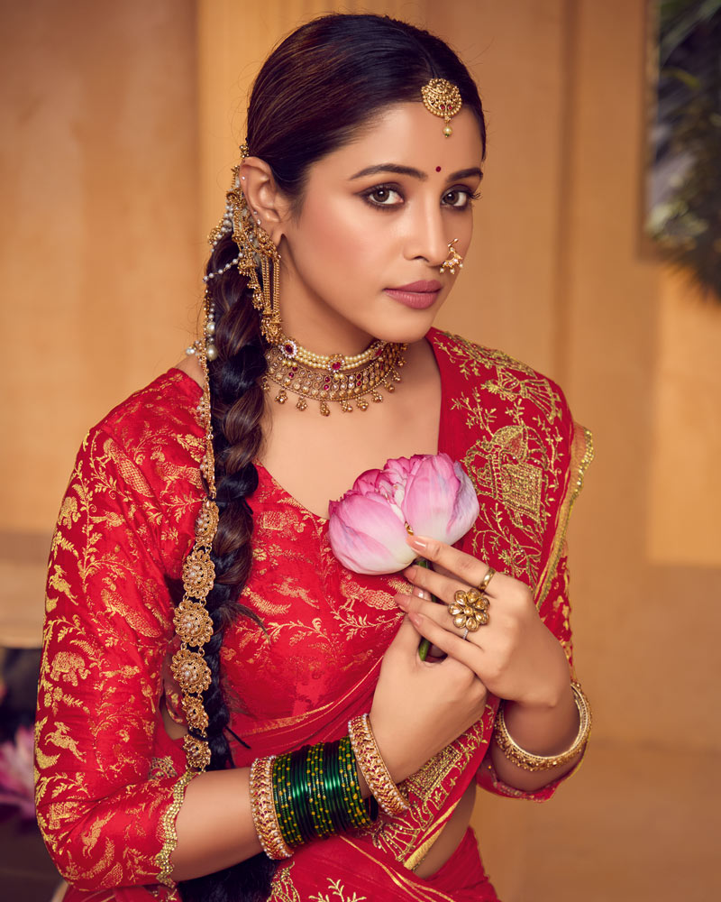 Vishal Prints Shiraz Red Designer Chiffon-Viscose Saree With Embroidery-Diamond Work And Cut Work Border