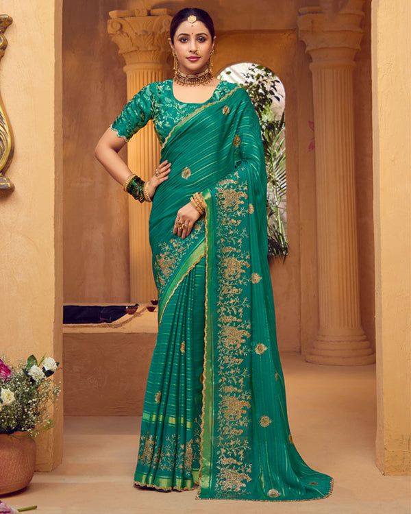 Vishal Prints Pine Green Designer Chiffon-Viscose Saree With Embroidery-Diamond Work And Cut Work Border