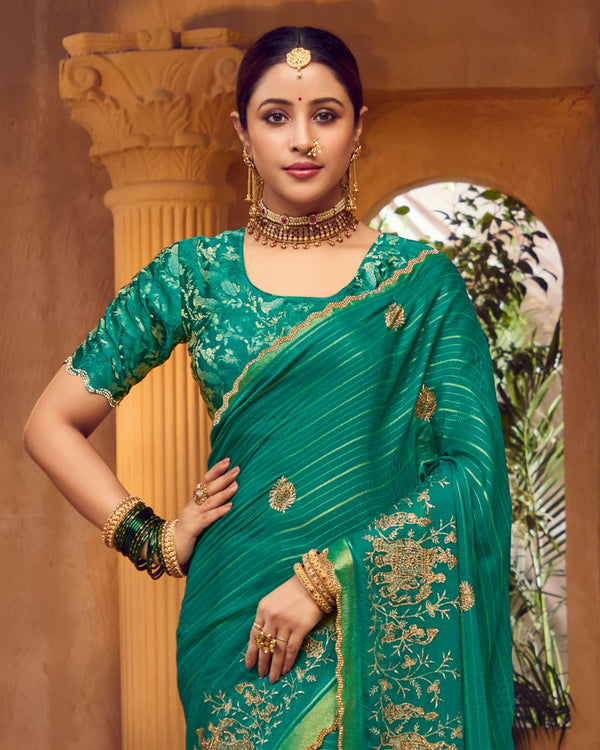 Vishal Prints Pine Green Designer Chiffon-Viscose Saree With Embroidery-Diamond Work And Cut Work Border