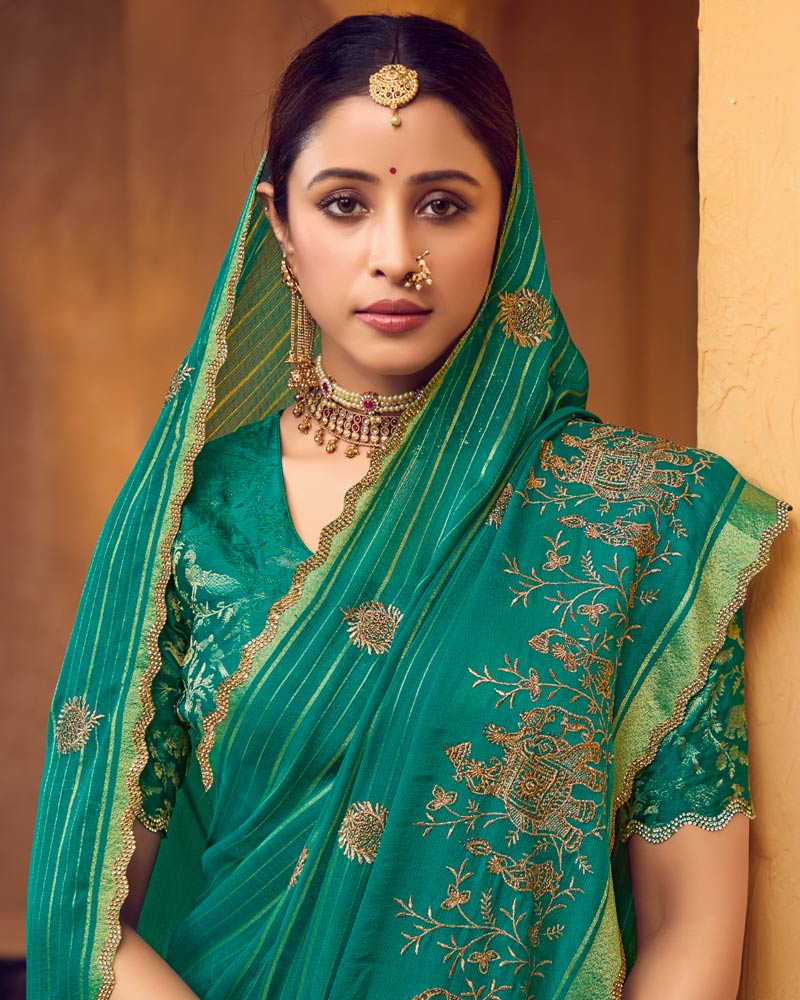 Vishal Prints Pine Green Designer Chiffon-Viscose Saree With Embroidery-Diamond Work And Cut Work Border