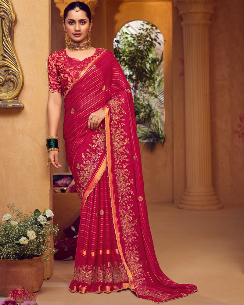 Vishal Prints Pinkish Red Designer Chiffon-Viscose Saree With Embroidery-Diamond Work And Cut Work Border