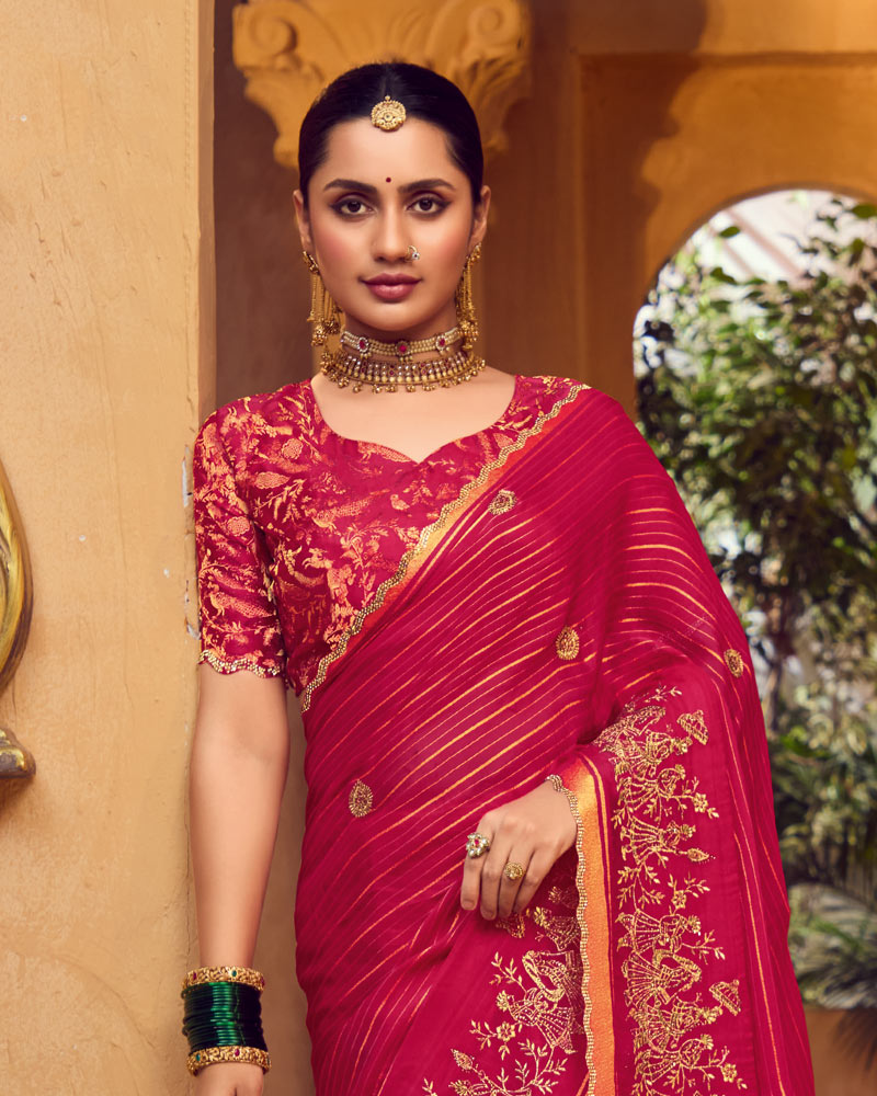 Vishal Prints Pinkish Red Designer Chiffon-Viscose Saree With Embroidery-Diamond Work And Cut Work Border
