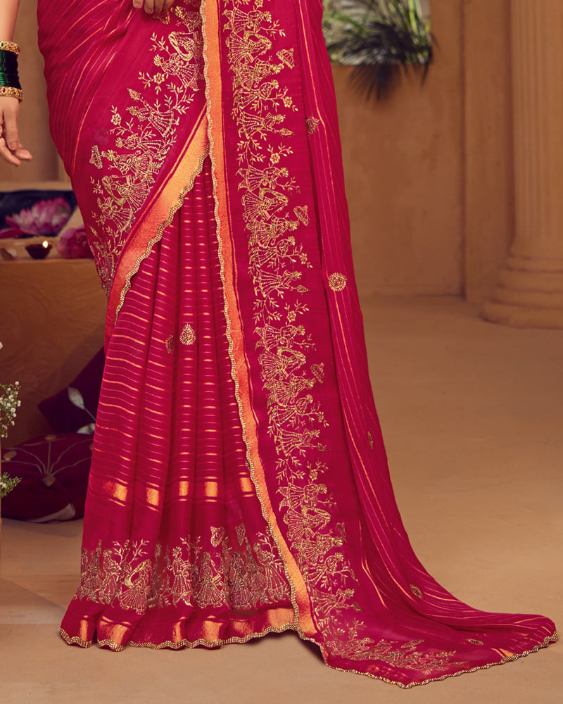 Vishal Prints Pinkish Red Designer Chiffon-Viscose Saree With Embroidery-Diamond Work And Cut Work Border