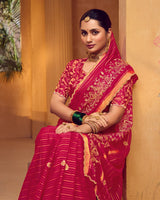 Vishal Prints Pinkish Red Designer Chiffon-Viscose Saree With Embroidery-Diamond Work And Cut Work Border