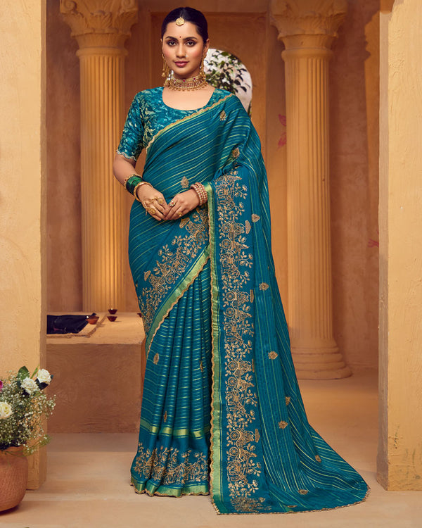 Vishal Prints Peacock Blue Designer Chiffon-Viscose Saree With Embroidery-Diamond Work And Cut Work Border