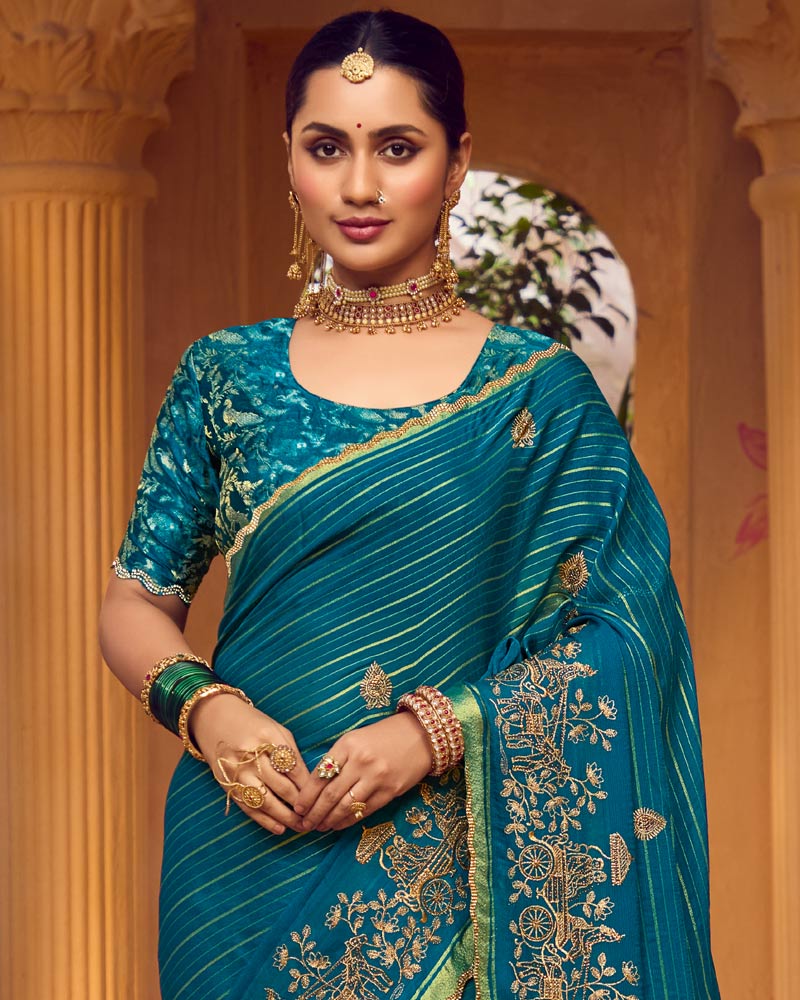 Vishal Prints Peacock Blue Designer Chiffon-Viscose Saree With Embroidery-Diamond Work And Cut Work Border