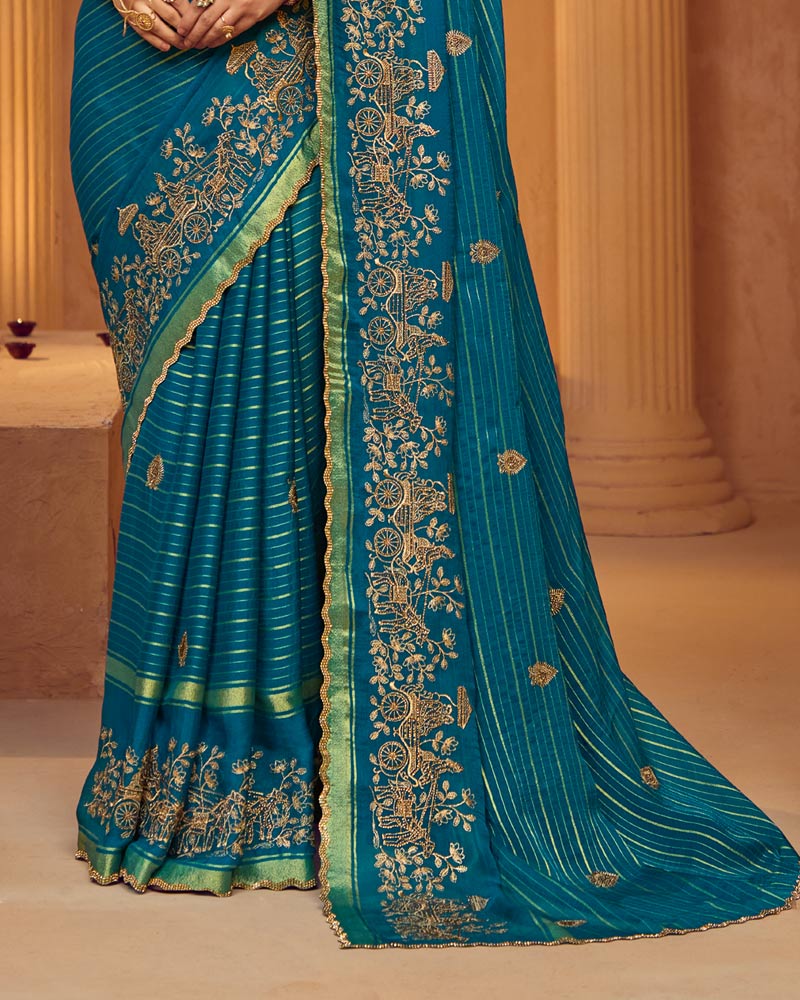Vishal Prints Peacock Blue Designer Chiffon-Viscose Saree With Embroidery-Diamond Work And Cut Work Border