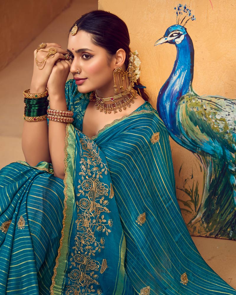 Vishal Prints Peacock Blue Designer Chiffon-Viscose Saree With Embroidery-Diamond Work And Cut Work Border