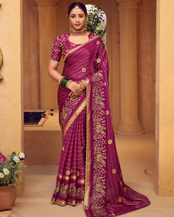 Vishal Prints Wine Berry Designer Chiffon-Viscose Saree With Embroidery-Diamond Work And Cut Work Border